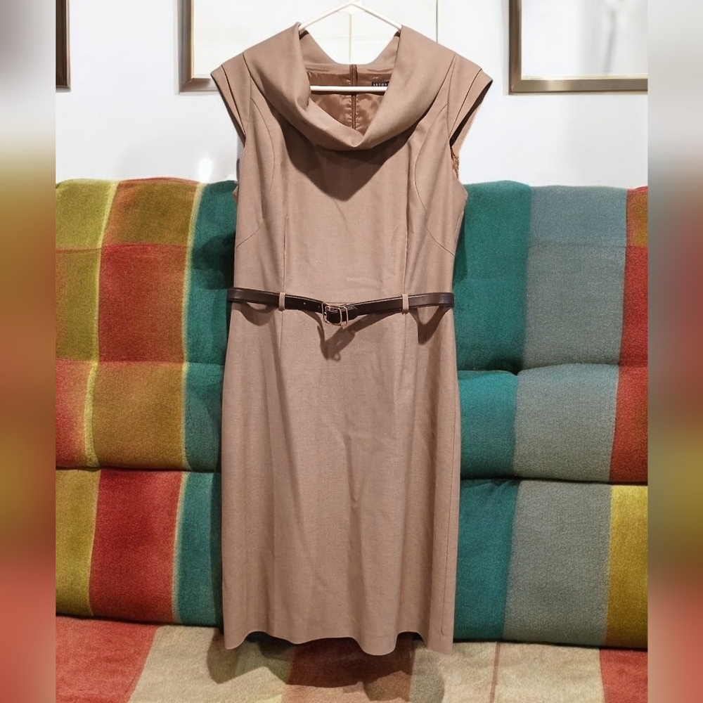 Antonio Melani Tan Midi Sheath Dress with Cowl Neck Sz 10 Old Money Classic